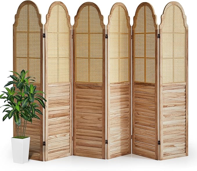 6 Panels Room Divider, Rustic Rattan Room Divider, Wood Folding Privacy Screen, Foldable Wood Divider Wall, Separate Portable Partition Screen, Wall Divider for Room Separation (Natural)