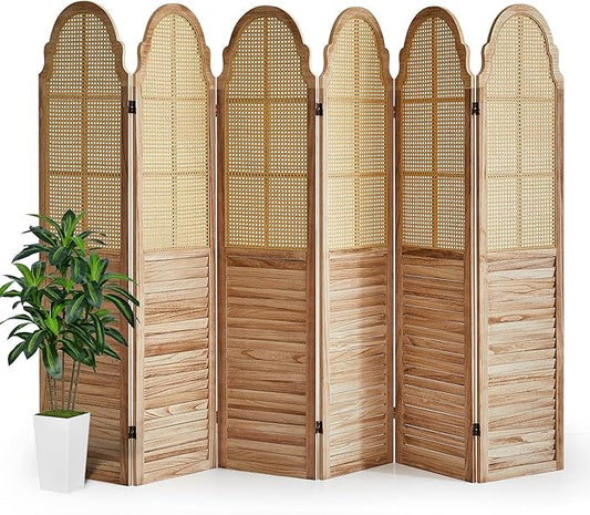 6 Panels Room Divider, Rustic Rattan Room Divider, Wood Folding Privacy Screen, Foldable Wood Divider Wall, Separate Portable Partition Screen, Wall Divider for Room Separation (Natural)