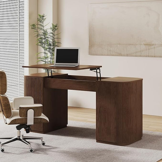 homary Modern 59.8" Standing Desk with Lift-Top & Ample Storage, Fluted Engineered Wood Home Office Desk with 2 Doors, Walnut