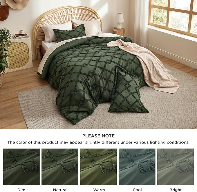 Bedsure Boho Comforter Set Queen - Olive Green Tufted Queen Size Comforter, 3 Pieces Farmhouse Shabby Chic Embroidery Bed Set, Soft Fluffy Geometric Pattern Bedding for All Seasons