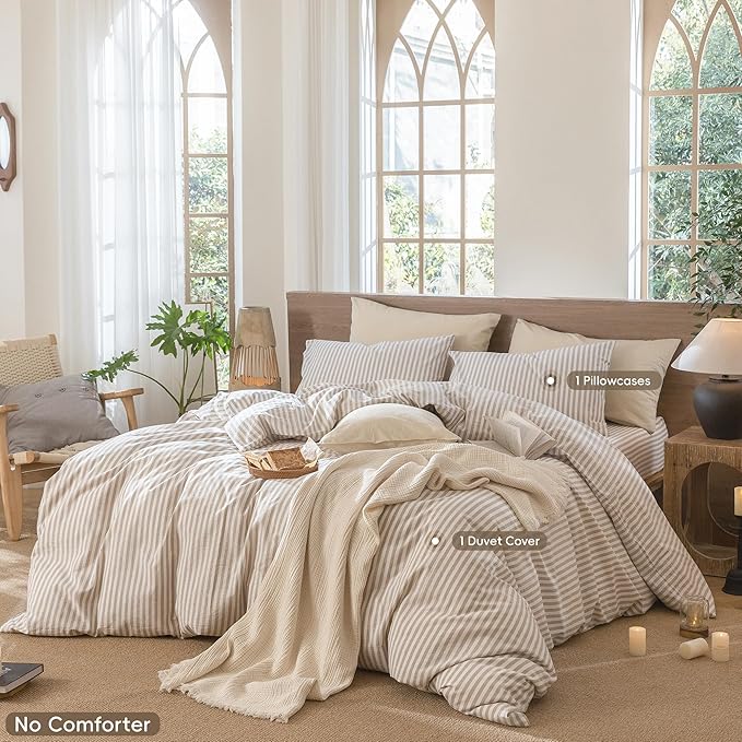 MooMee Striped Duvet Cover Set 100% Washed Cotton Linen Like Textured Breathable Durable Soft Comfy (Tannish Linen Grey White Classic Stripes, Twin 68"x90")