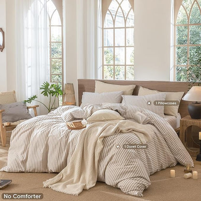 MooMee Striped Duvet Cover Set 100% Washed Cotton Linen Like Textured Breathable Durable Soft Comfy (Tannish Linen Grey White Classic Stripes, Twin 68"x90")