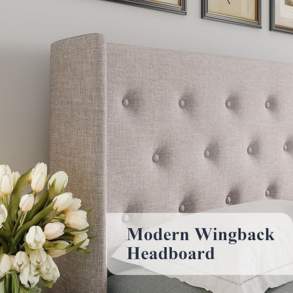 Allewie Queen Size Lift Up Storage Bed, Button Tufted Headboard with Wingback, Hydraulic Support, No Box Spring Needed, Light Beige
