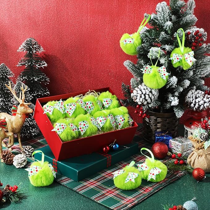 Liliful 18 Pcs Lime Green Furry Christmas Ball Ornaments3.15 Inch Bow Xmas Furry Ornaments Hanging Christmas Pom Pom Ball Decorations for Home Xmas Tree Party Supplies Wall Decor(Style 2,White)