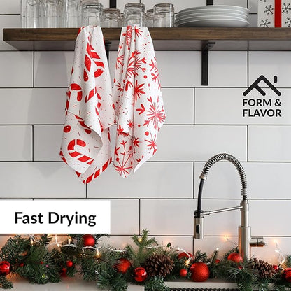 Christmas Dish Towels Holiday Kitchen Towels Tea Towels Decorative Red Snowflake Set