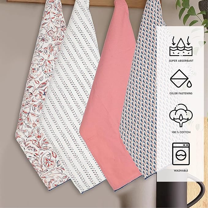 TARAN LIVING Printed Kitchen Dish Bar and Tea Towels Cotton, 18x28 inch with Trims, Cotton Dish Towel Sets (White & Peach, Set of 4)