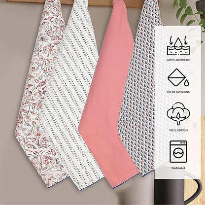 TARAN LIVING Printed Kitchen Dish Bar and Tea Towels Cotton, 18x28 inch with Trims, Cotton Dish Towel Sets (White & Peach, Set of 4)