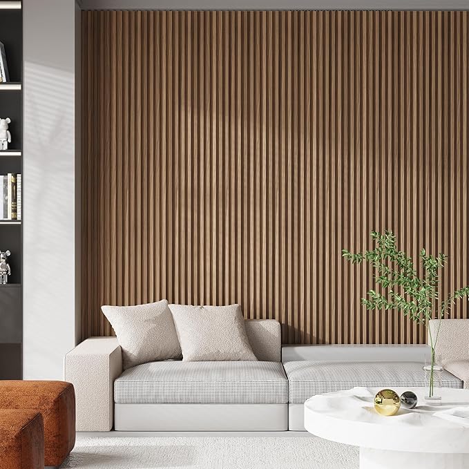 8-Pack WPC Wood Panels for Wall - 96 x 6.6 Inch 3D Acoustic Wall Panels, Water-Proof and Easy Installation, Accent Slat Wall Paneling for Living Room, Office, Walnut