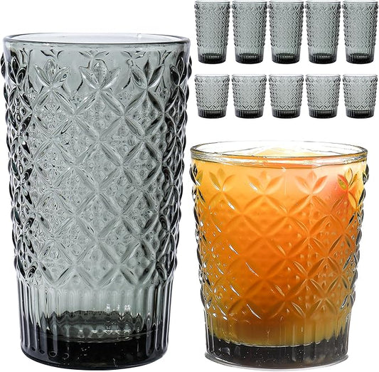 Grey Drinking Glasses Set of 12, 14 Oz Highball & 10 Oz Cocktail Glasses, Grey Kitchen Vintage Glassware Set, Floral Embossed Glass Tumbler Cups for Juice, Whiskey, Water, Beer, Coffee