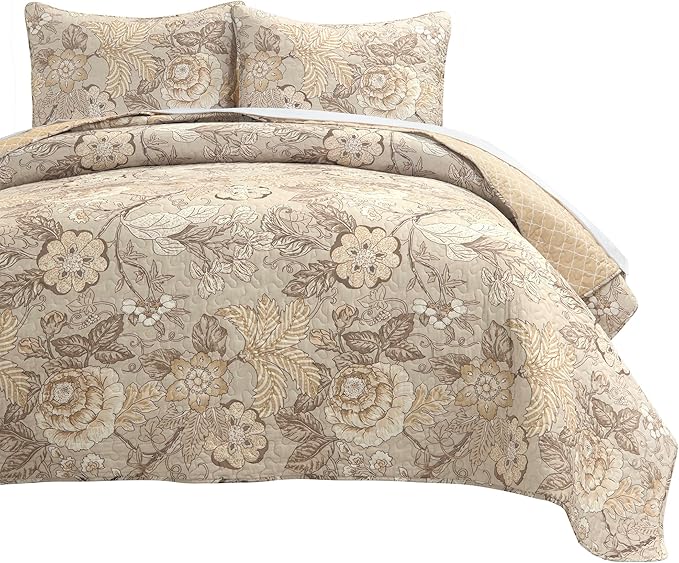 Lush Decor Sydney Reversible Cotton Quilt Set Queen 3 Piece Bedding, Beige Floral Neutral