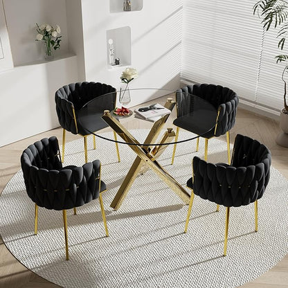 Gold Glass Round Dining Table Set for 4, 5 Pieces Modern Luxury Circle Kitchen Table Set, 39'' Clear Circular Glass Top Minimalist Dinner Room Set, Black Woven Chairs Set, for Small Apartment