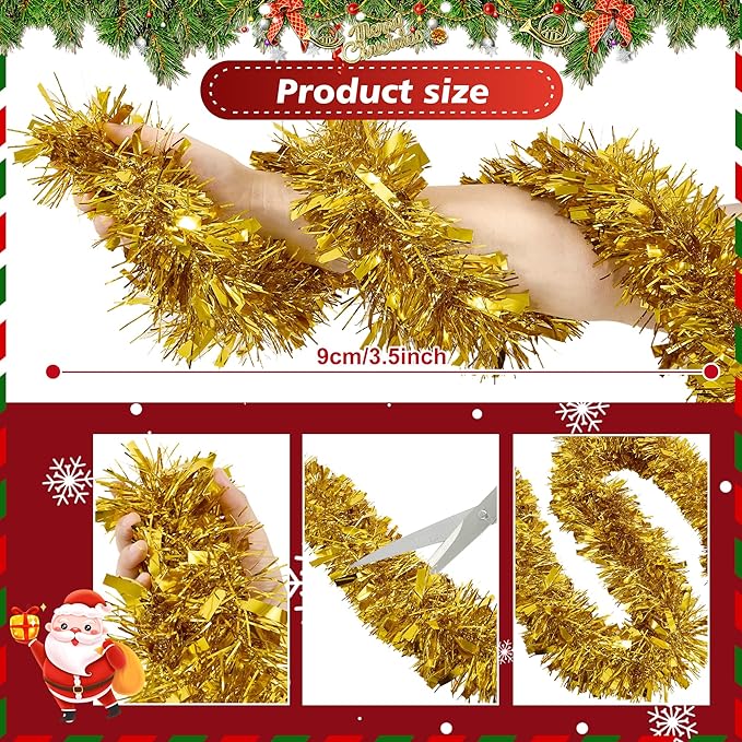 50FT Tinsel Christmas Garland Metallic Twist Garland Shiny Hanging Tinsel for Christmas Tree Party Supplies Indoor Outdoor Home Xmas Decoration (Gold)