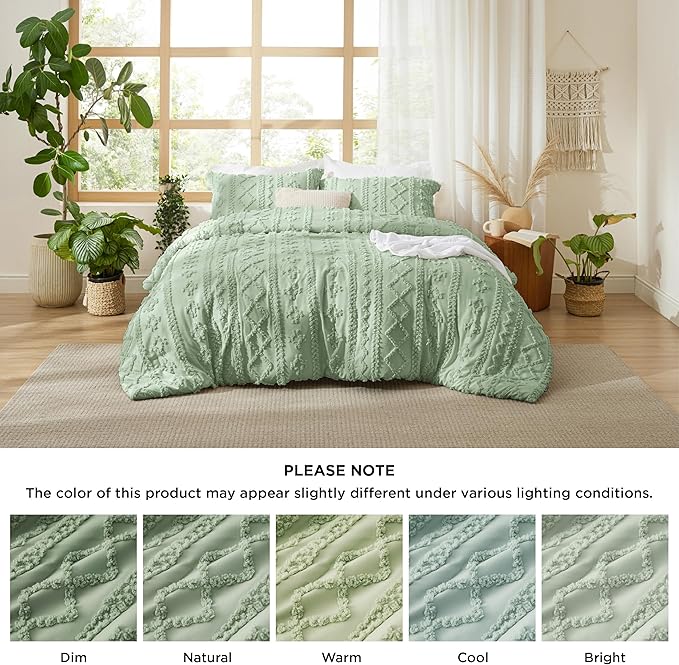 Bedsure Tufted Boho Comforter Set Queen Size - Sage Green Boho Bed Set, GentleSoft™ 3 Pieces Farmhouse Shabby Chic Embroidery Bedding, Gifts for Woman, Soft Jacquard Queen Comforter for All Seasons
