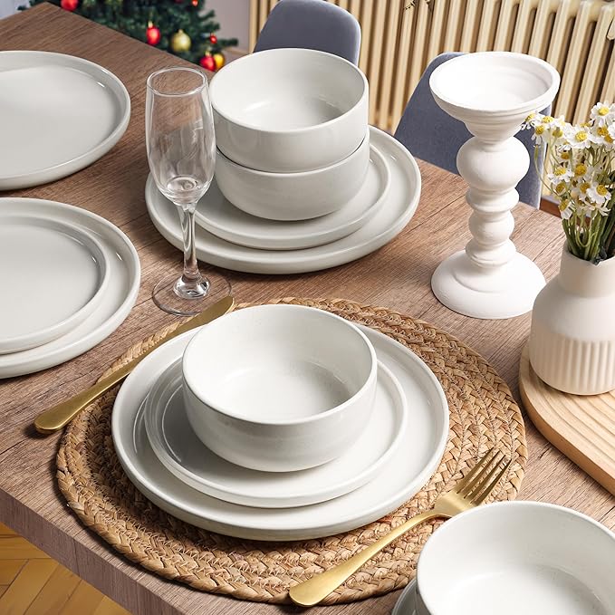 HaWare Stoneware Dinnerware Sets, 6-Piece Plates and Bowls Set for 2, Dishes Set for Home Restaurant, Speckled Milky White