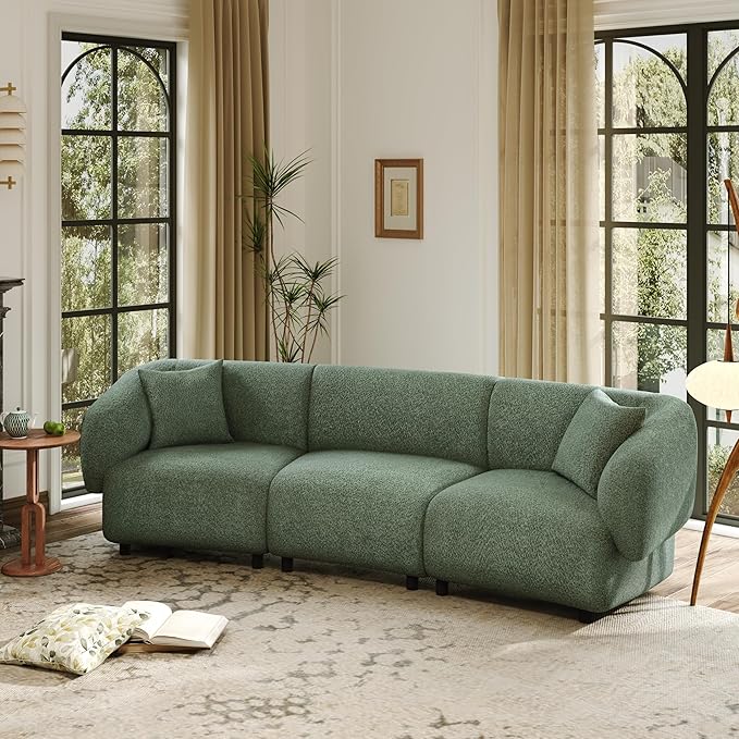 Merax 98.5" Modern 3 Seater Curved Sofa, Luxury Boucle Fabric Sofa, Minimalist Cozy Cloud Couch for Living Room, Bedroom, Apartment, Home Office, Green