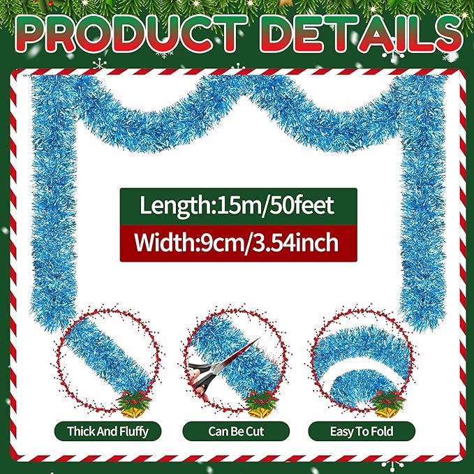 50 Ft Christmas Tinsel Garland Sky Blue Thick Tinsel Garland Xmas Tree Decorations Metallic Tinsel Twist Garland for Christmas, Birthday, Party Decor Indoor Outdoor Party Supplies