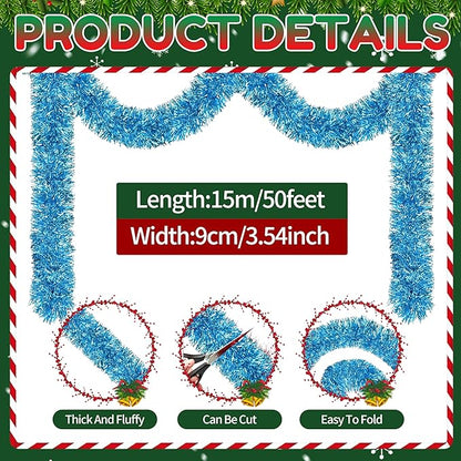 50 Ft Christmas Tinsel Garland Sky Blue Thick Tinsel Garland Xmas Tree Decorations Metallic Tinsel Twist Garland for Christmas, Birthday, Party Decor Indoor Outdoor Party Supplies