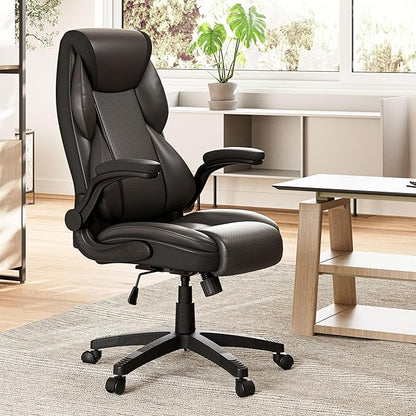 EUREKA ERGONOMIC PU Leather Desk Chair Office Executive Chair, Ergonomic Office Chair Flip Up Arms, High Back Office Chair with Headrest, Home Office Chair with Wheels, Computer Chairs for Adults