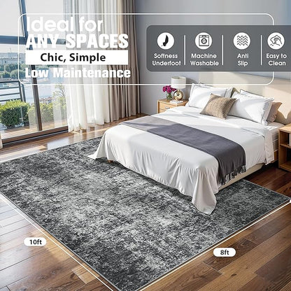 8x10 Area Rugs for Living Room Rug Washable: Abstract Large Rug for Dining Room Bedroom Carpet Non Slip 8 by 10 Indoor Modern Nursery Home Office Black Grey