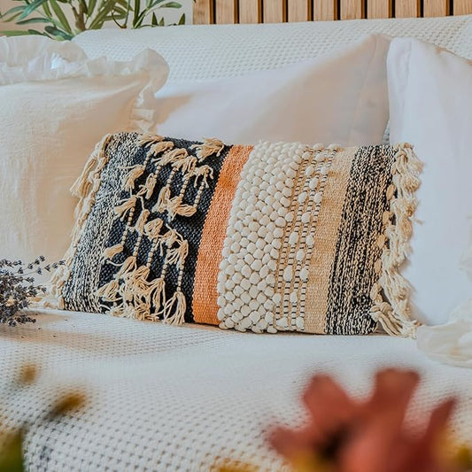 Decorative Boho-Chic Premium Pillow Cover 12x20 Handwoven Tufted Cotton Lumbar Accent Pillows, Neutral Earthly Color Throw Cushion, Farmhouse & Bohemian Home Decor (Limited Edition-Cover Only)