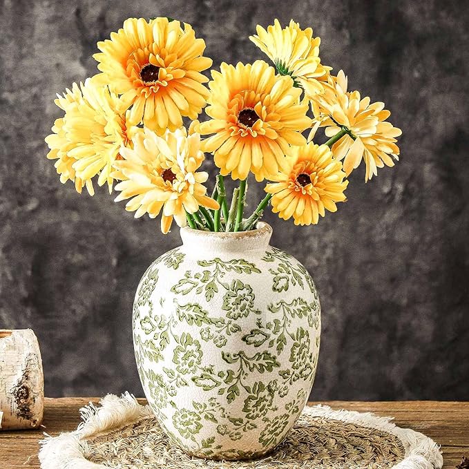 Ceramic Vintage Vase, Green Flower Decorative Vase Chinoiserie Decor Rustic Farmhouse Retro Floral Vases for Table Bookshelf Mantel Kitchen Living Room Office- 7.8inch Green