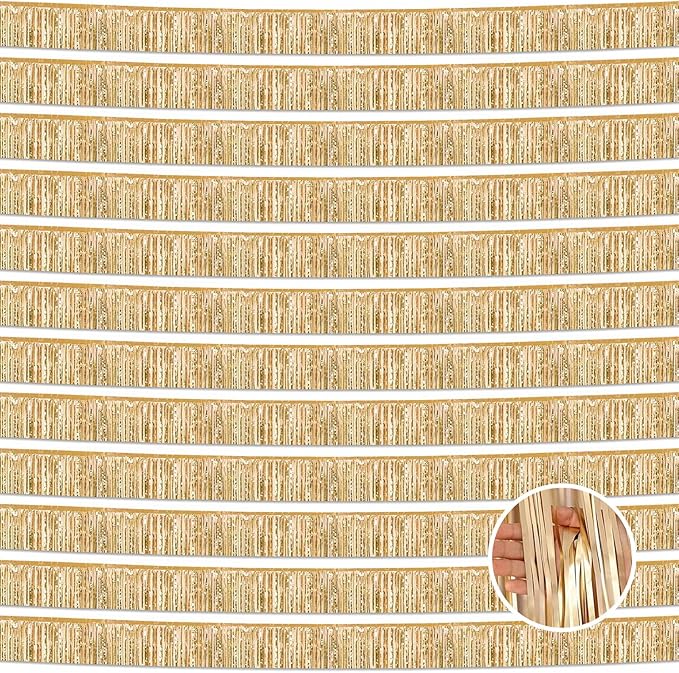 12 Pack 10 Feet Metallic Foil Fringe Garland Tinsel Streamers Banner, Champagne Gold Wall Hanging Tinsel Fringe Banners for Parade Floats, Wedding, Birthday, Christmas, New Year Party Decorations