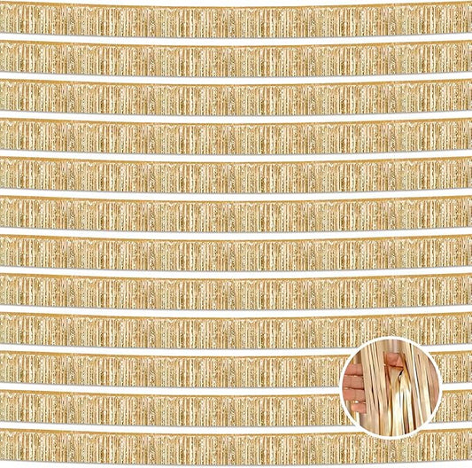 12 Pack 10 Feet Metallic Foil Fringe Garland Tinsel Streamers Banner, Champagne Gold Wall Hanging Tinsel Fringe Banners for Parade Floats, Wedding, Birthday, Christmas, New Year Party Decorations