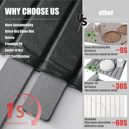 Stone Drying Mat for Kitchen Counter-Super Absorbent PU Dish Drying Mat, Quick Dry Stone Mat Kitchen for Dishes, Bottles & Cups, Large Foldable Stone Dish Drying Mat, Non-Slip Kitchen Mat