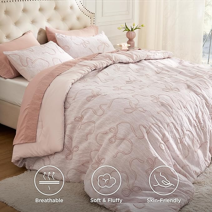 Bedsure King Size Comforter Set, Pink Boho Tufted Bed Set, 3D Puffy Jacquard Bedding King Size, 3 Pieces, 1 Farmhouse Shabby Chic Embroidery Comforter with Bow Pattern & 2 Pillow Cases