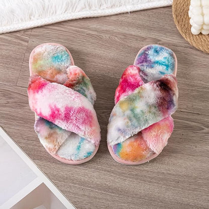 Women's Slipper Memory Foam Cross Band Fuzzy Slippers Open Toe Cozy House Slippers Cozy Plush Bedroom Indoor Outdoor