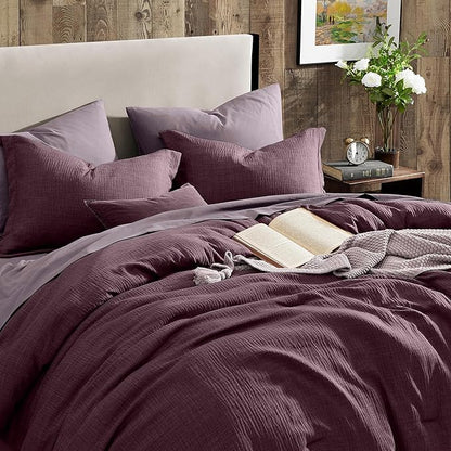 Geniospin Purple King Comforter Set - 7 Pieces Egglant Comforter King Size, Soft Solid Bedding Set for All Season, Textured Bed in a Bag with Sheets