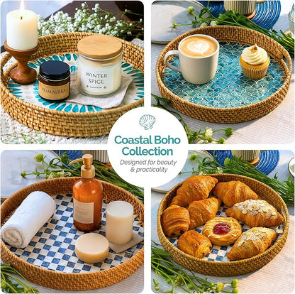JUNGLE CULTURE Large Rattan Serving Tray 14" with Mother of Pearl Inlay • Coastal Boho Collection • Handcrafted Serving Tray with Handles • Round Woven Table Trays for Home • Wicker Basket – Drift