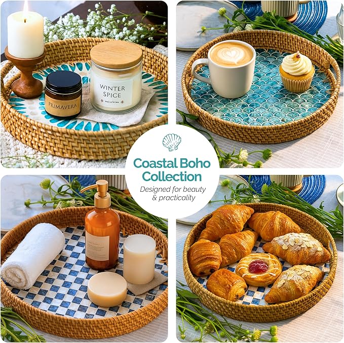 JUNGLE CULTURE Large Rattan Serving Tray 14" with Mother of Pearl Inlay • Coastal Boho Collection • Handcrafted Serving Tray with Handles • Round Woven Table Trays for Home • Wicker Basket – Cascade