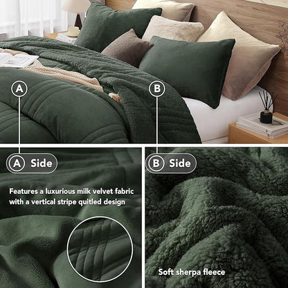Monbix Fluffy King Size Comforter Set Deep Forest, Sherpa Plush Fuzzy Comforter 3 Piece for King Size Bed, Luxury Soft Winter Warm Bedding Set