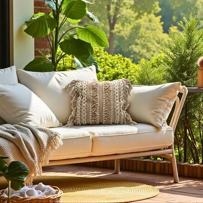 Decorative Boho-Chic Square Pillow Cover 18x18 Handwoven Tufted Braided Cotton Accent Pillows, Neutral Throw Cushion for Couch, or Bed, Farmhouse & Bohemian Home Decor, Trendy USA Design