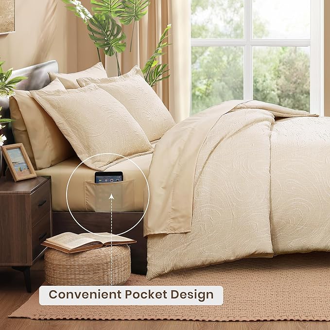 Monbix Queen Comforter Set - 7 Pieces Birch Marble Pattern Bed in a Bag Queen Bedding Sets with Comforter, Sheets, Pillowcases & Shams, Reversible Bedding Comforters Sets