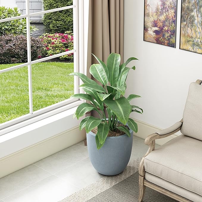 Kante 14 Inch Dia Round Concrete Planter, Indoor Outdoor Large Plant Pot with Drainage Hole and Rubber Plug for Home Patio Garden, Gray