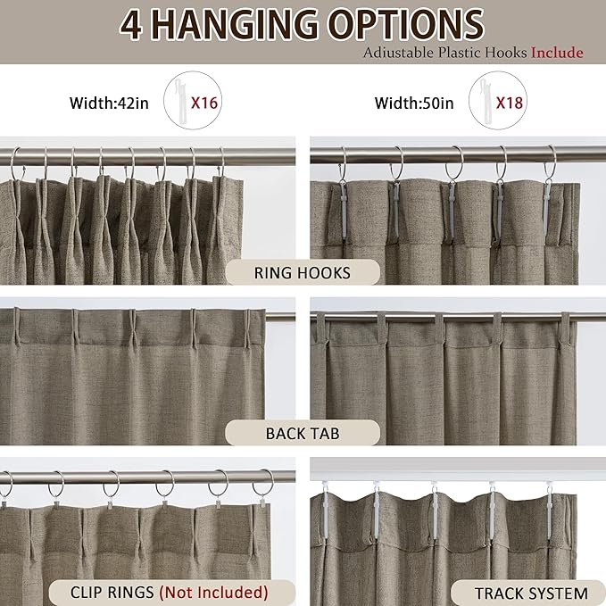 Custom Length Curtains 92 Inches Long,Pinch Pleated Linen Blend Back Tab with Hooks Boho 70s Curtains for French Door Living Room W50 x L92 Khaki