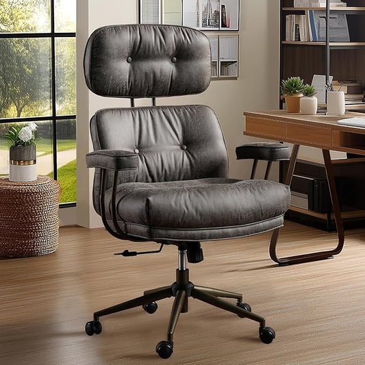 Mid Century Modren Big and Tall Office Chair,Large Ergonomic Executive Chair for Heavy Duty People, Desk Task Chair with Wheels, Faux Lether Fabric Wide Chair for Home Sturdy,Grey