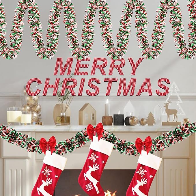 50 FT Christmas Tinsel Garland for Christmas Tree Decorations, Red Green White Metallic Twist Shiny Hanging Xmas Garlands for Stairs Mantle Fireplace Home Indoor Outdoor Holiday Party Suppliers Decor