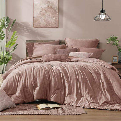 Monbix Queen Comforter Set - 7 Pieces Dusty Pink Cationic Dyeing Bed in a Bag Queen Bedding Sets with Sheets, Pillowcases & Shams, Reversible Bedding Comforters