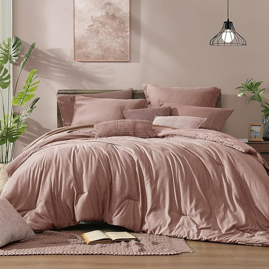 Monbix Full Size Comforter Set-7 Pieces Dusty Pink Cationic Dyeing Bed in a Bag Full Bedding Sets with Comforter, Sheets, Pillowcases & Shams, All Season Reversible Bedding Comforters