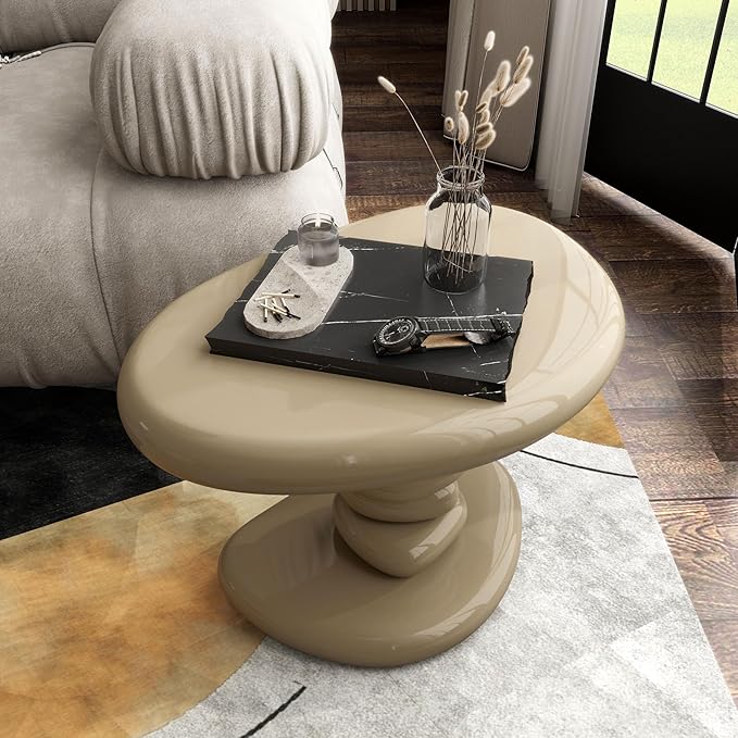 24/7 Shop at Home Kavren Modern 22-inch Oval Glossy Pedestal End Table, Stone Shape Living Room Furniture for Small Space, Light Brown