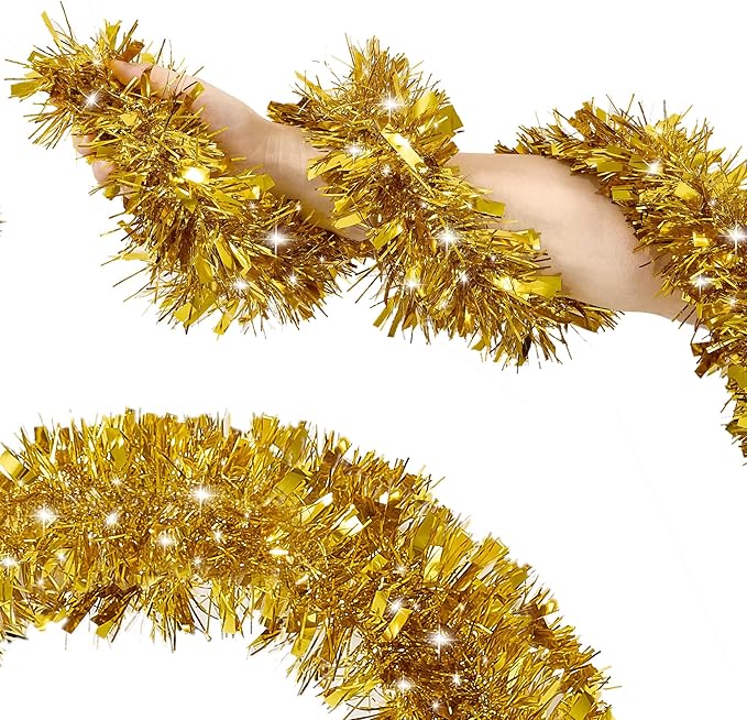 50FT Tinsel Christmas Garland Metallic Twist Garland Shiny Hanging Tinsel for Christmas Tree Party Supplies Indoor Outdoor Home Xmas Decoration (Gold)