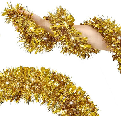 50FT Tinsel Christmas Garland Metallic Twist Garland Shiny Hanging Tinsel for Christmas Tree Party Supplies Indoor Outdoor Home Xmas Decoration (Gold)