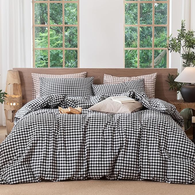MooMee Gingham Duvet Cover Set 100% Washed Cotton Linen Like Textured Breathable Durable Soft Comfy Modern Checkered Design (Black White Gingham, Oversized Queen 98"x98")