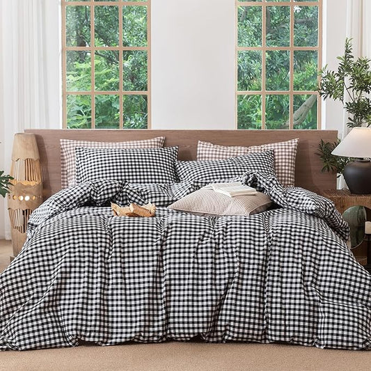MooMee Gingham Duvet Cover Set 100% Washed Cotton Linen Like Textured Breathable Durable Soft Comfy Modern Checkered Design (Black White Gingham, Palatial King/Oversized King 120"x98")