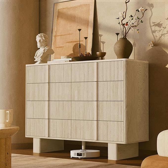 Fluted Dresser for Bedroom with 8 Drawers, 47" Wide Modern Chest of Drawers with Wooden Handle, Wooden Dresser TV Stand, Wood Closet Clothes Storage Organizer for Living Room, Hallway, Whitewashed oak