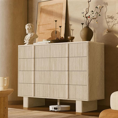 Fluted Dresser for Bedroom with 8 Drawers, 47" Wide Modern Chest of Drawers with Wooden Handle, Wooden Dresser TV Stand, Wood Closet Clothes Storage Organizer for Living Room, Hallway, Whitewashed oak