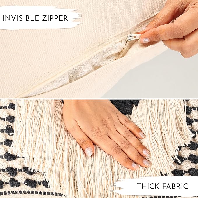 Decorative Boho-Chic Pillow Cover Handwoven Tufted Cotton Accent Pillows, Neutral Throw Cushion for Couch or Bed, Farmhouse & Bohemian Home Decor, Trendy USA Design (Black Lumbar 12x20)